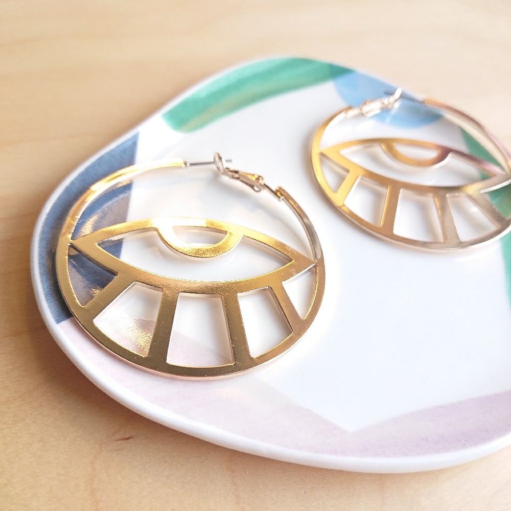 Gold Plated Eyes Hoop Earrings - Picture 3 of 5